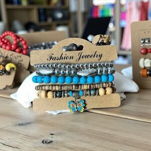 Fashion Jewelry Turquoise and Silver Bracelet Set with butterfly charm